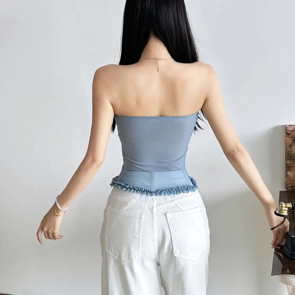 ファッションノースリーブレースキャミソールラップチェストボトムシャツ女性用メッシュコルセットラッフルタンクスリムクロップトップスストリートウェア