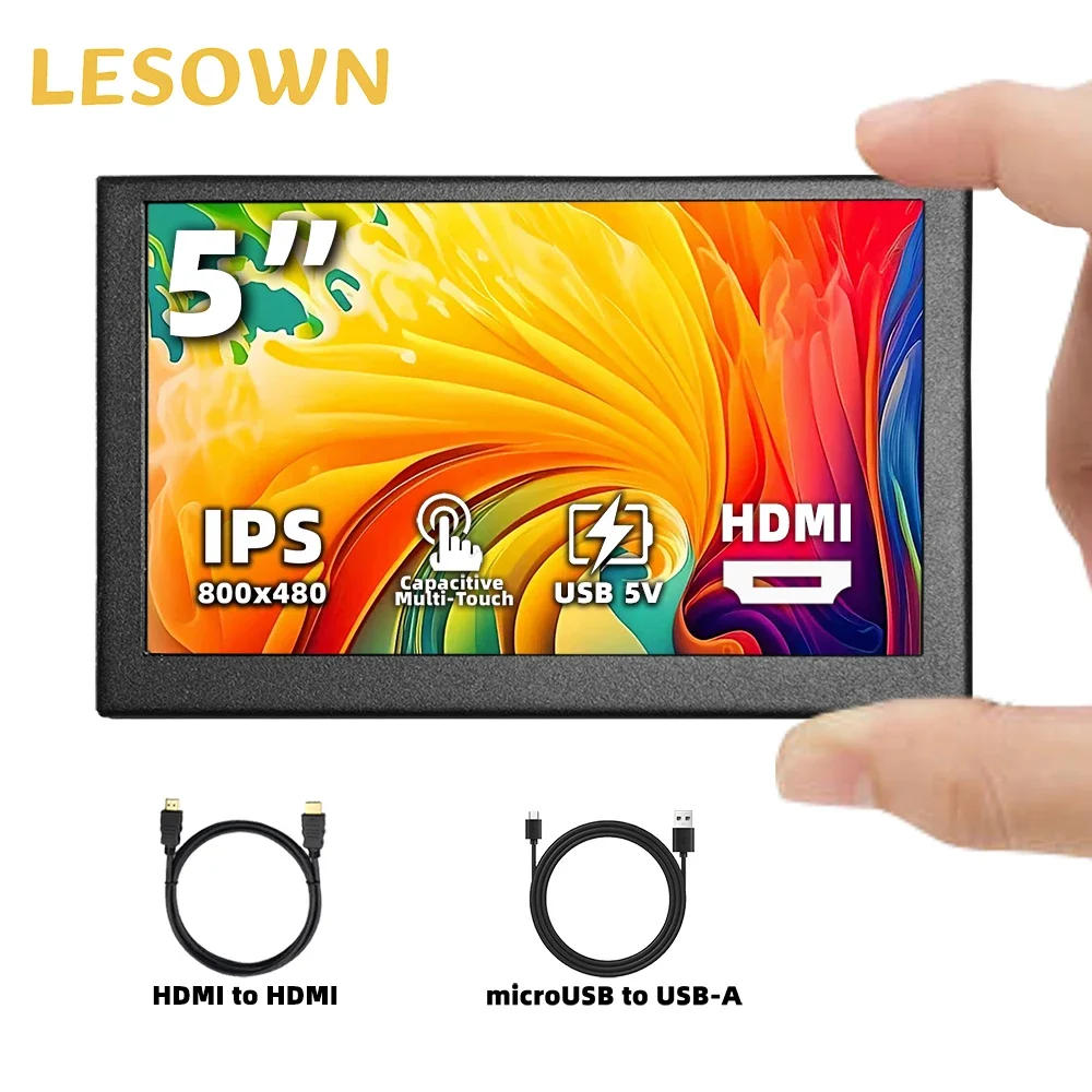 LESOWN Touchscreen Monitor 5 inch mini Secondary Screen HDMI 800x480 IPS 60Hz Lightweight Display Built-in Stereo Speaker for PC