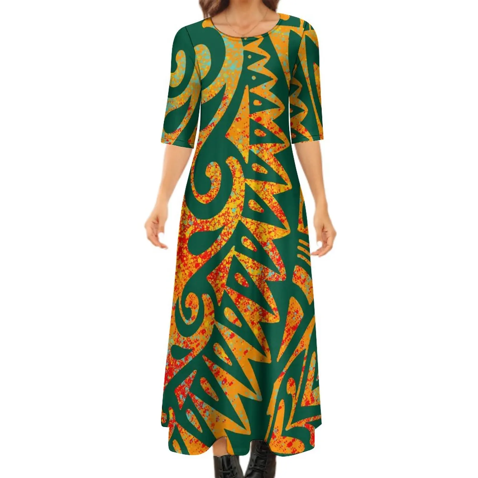 PIA-Tribal Tapa padrão maxi vestido para mulheres, vestido de várias camadas, personalizado Samoa e arte polinésia, arte do verão, novo