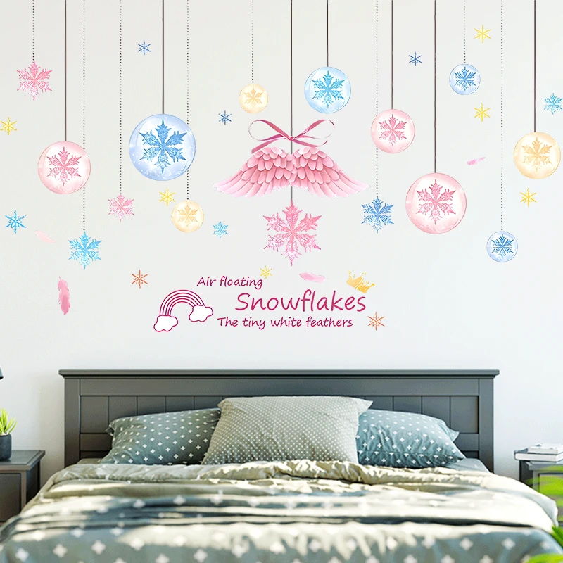 Air Floating Snowflakes Feathers Wall Stickers For Bedroom Home Decoration Creative Xmas Mural Art Kids Room Decals Pvc Posters