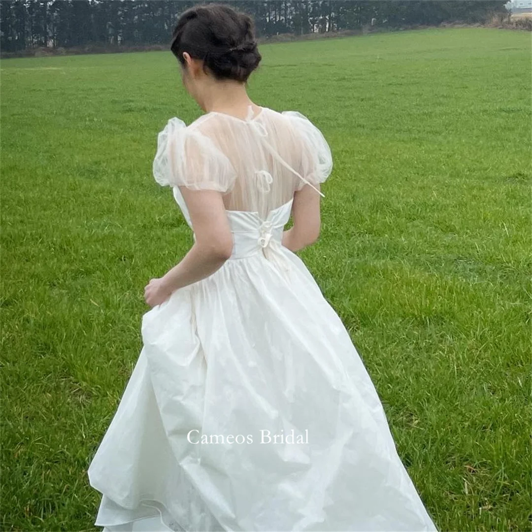 SOND O-Neck Wedding Dress Custom Made Formal Satin Short Sleeves A-Line Pleated Bride Dress Ivory 웨딩드레스  Wedding Gown Bridal