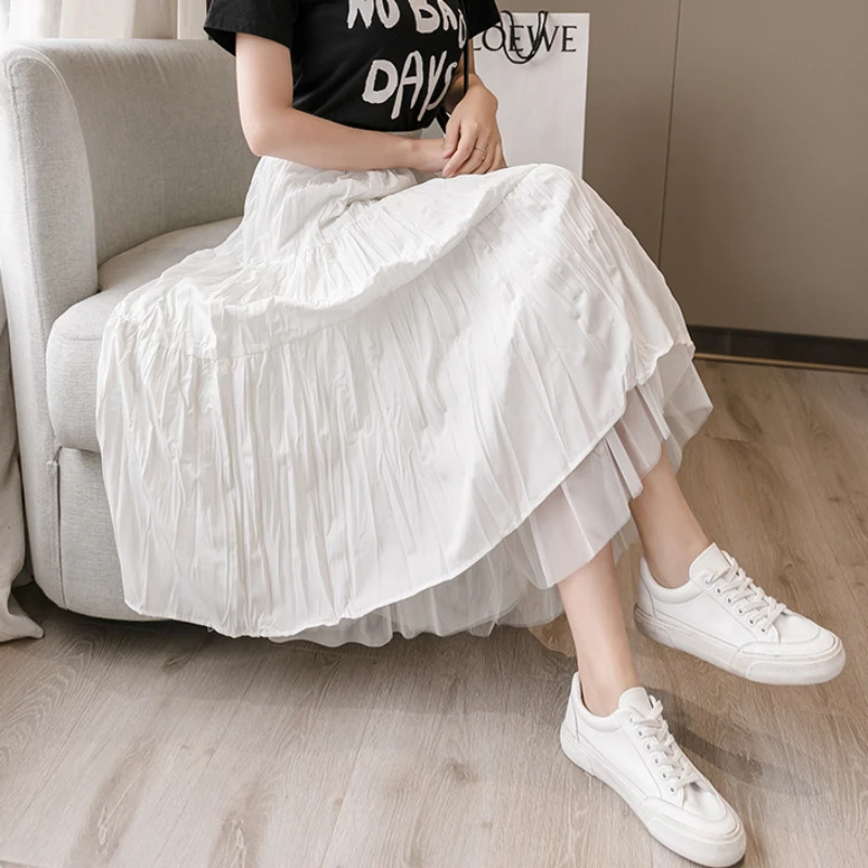 Skirts Women Preppy Style Mesh Patchwork Baggy All-match Solid Trendy Ins Korean Fashion Fairycore A-line Summer Schoolgirls