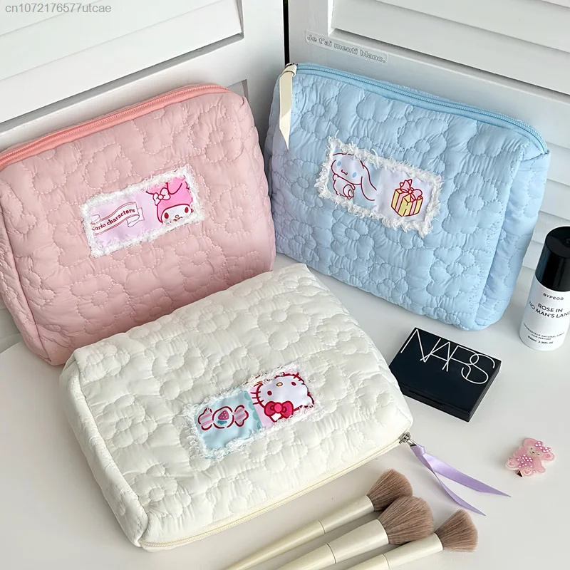 Sanrio Melody Cinnamoroll Hello Kitty Soft Cotton Cosmetic Bags Women\'s Zipper Large Capacity Cute Makeup Bag Storage Bag