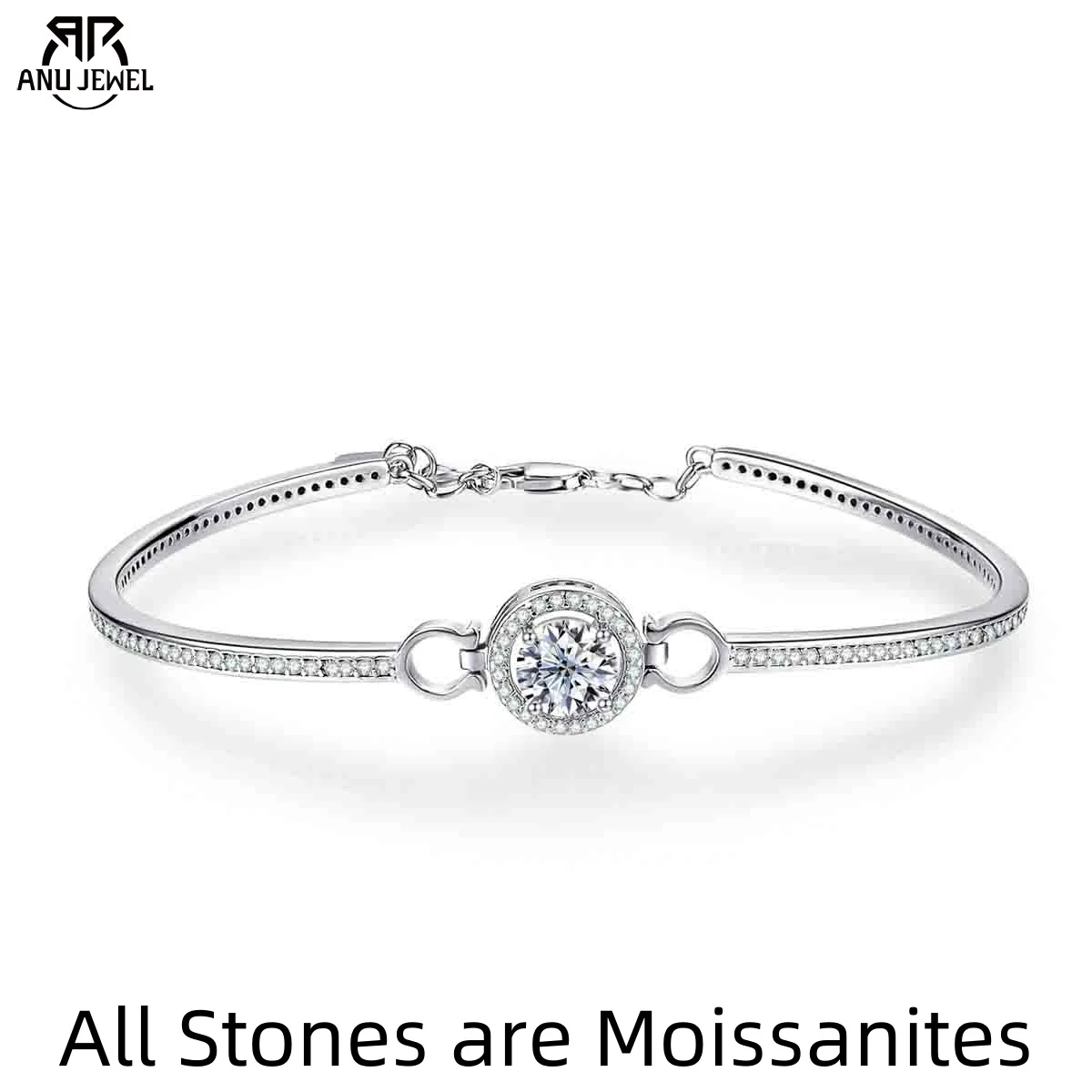 

AnuJewel 1ct D Color Moissanite Bracelet 925 Sterling Silver 18K White Gold Plated Adjustable Bangle for Women
