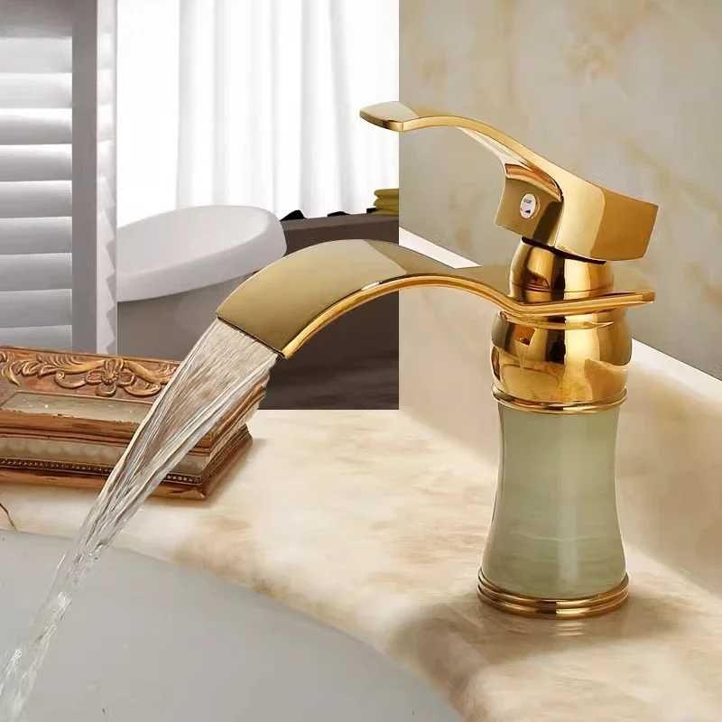 European Brass Jade Faucet  Waterfall Bathroom Tap  High-Pressure Anti-Clog Design  Hot and Cold Bathroom Fixture