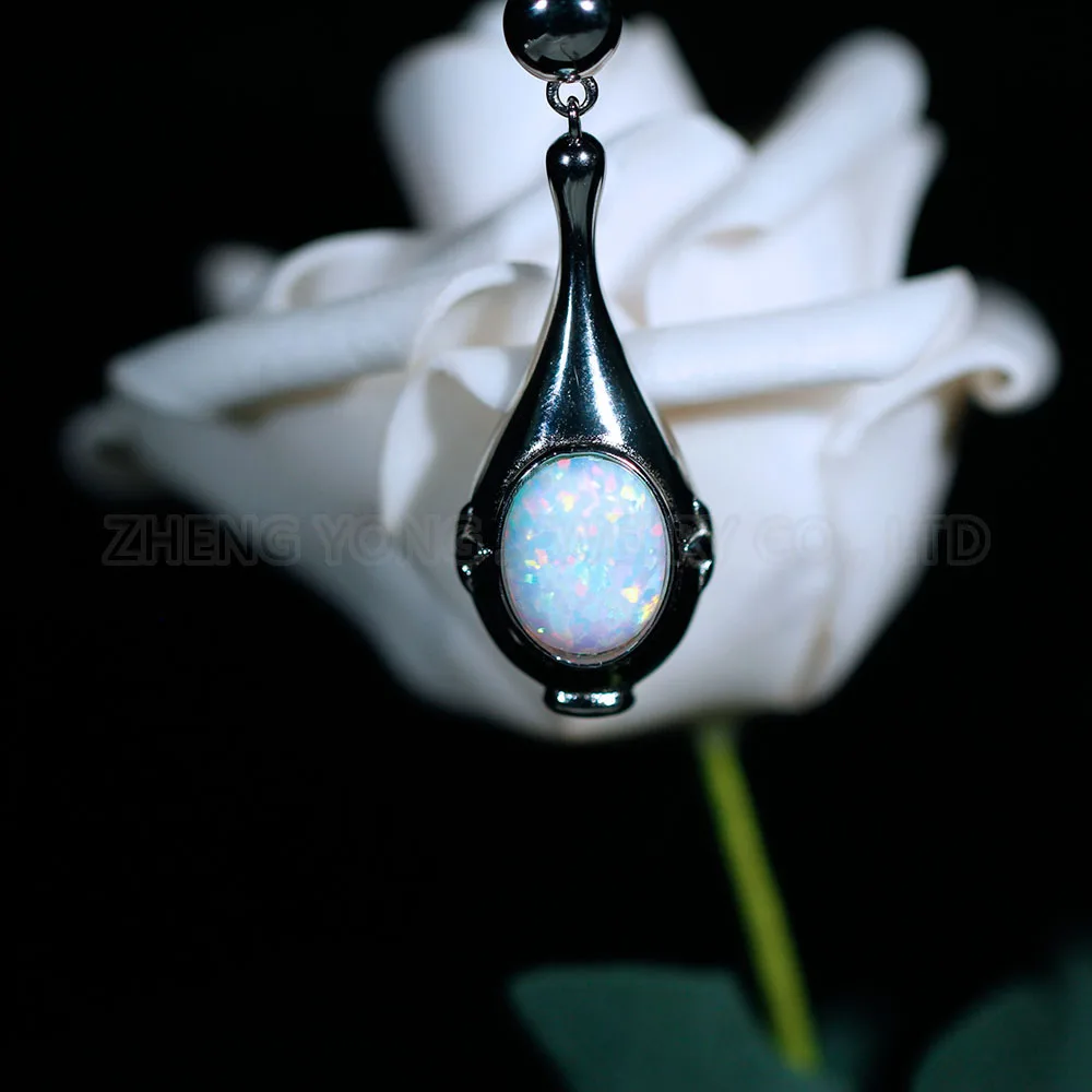 

White Fire Opal Pendant Oval Cut Bead Teardrop Shape Pendant 925 Silver White Gold Plated