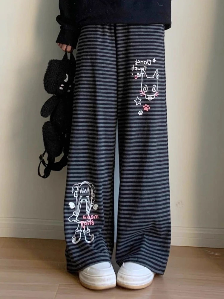 

HOUZHOU Y2k Kawaii Gray Striped Graphic Women Pants Pink Cute Wide Leg Japanese Style Straight Trousers Baggy Casual All-match
