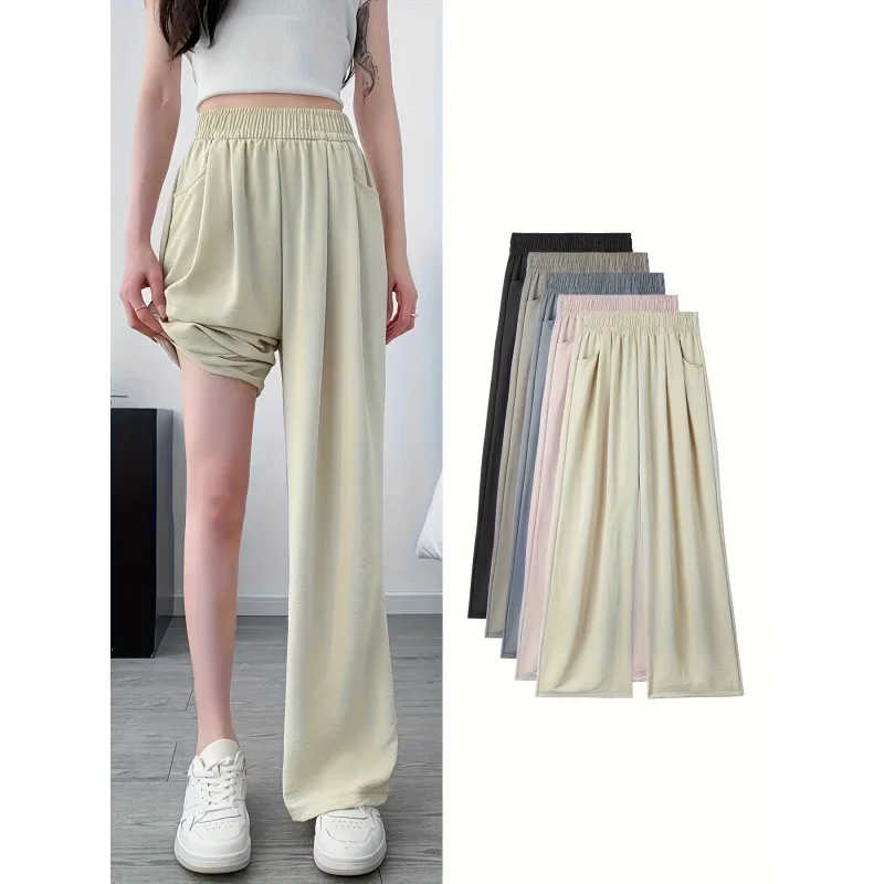 

Women's Wide Leg Ice Silk Pants Comfortable Casual Trousers Neutral Style Spring Collection Fashionable Ladies' Pants