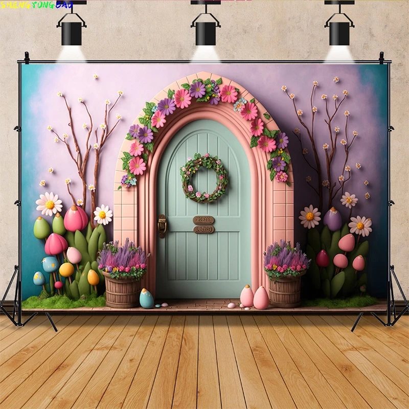 Spring Easter Wood Door Photography Backrops Flower Bunny Egg Kid Birthday Party Portrait Decor Backdrop Photo Background LG-02