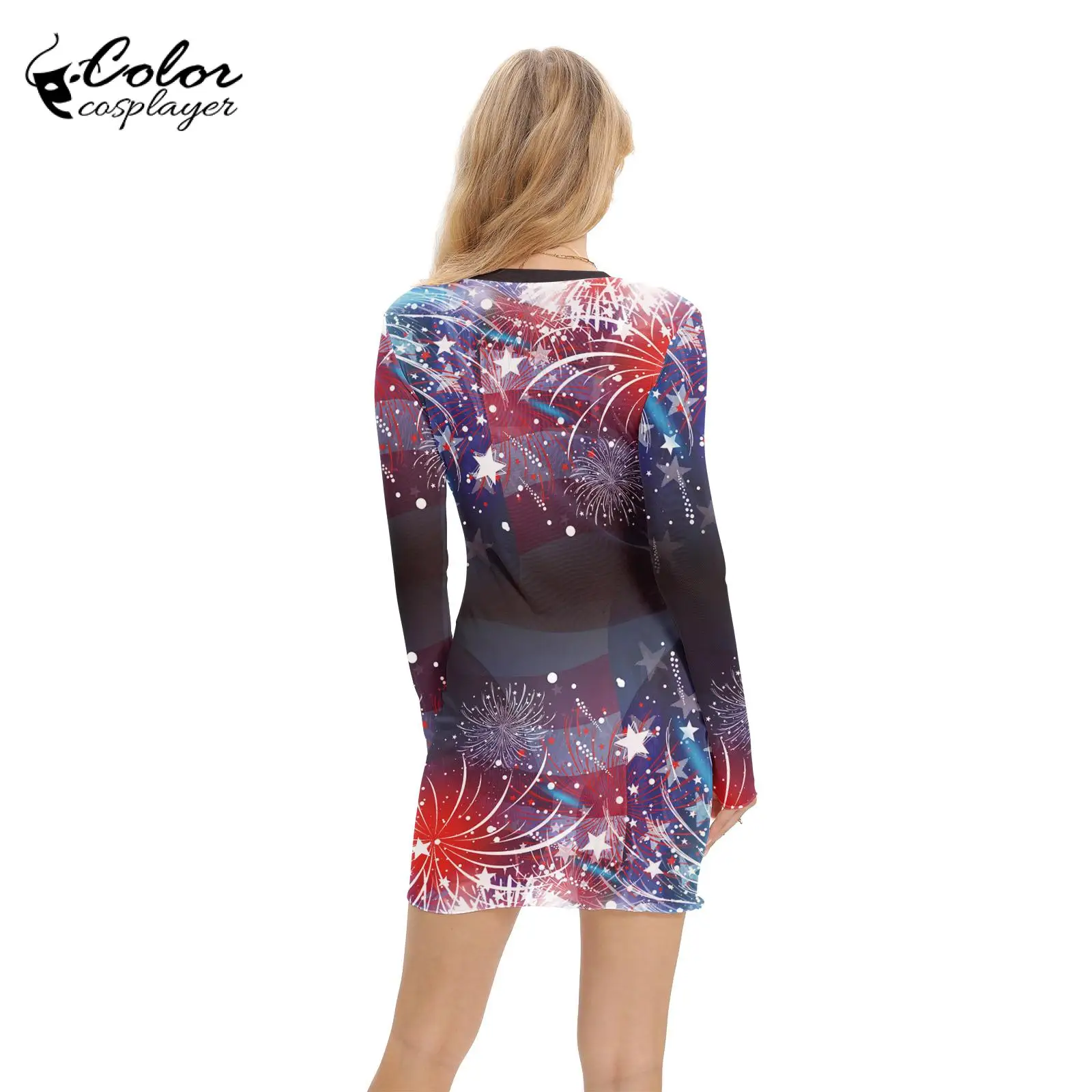 Color Cosplayer Independence Day Mini Dress Women Carnival Party Sheath Dress Up Sexy Long Sleeve Outfit Cosplay Costume