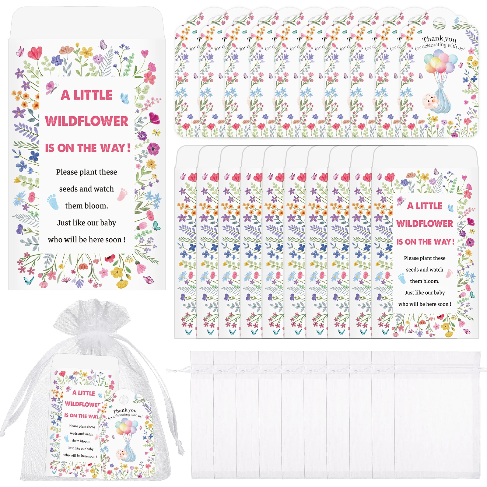 50 Sets Baby Shower Favors for Guests Seed Packets Bulk Thank You Gifts Cards Baby in Self Adhesive Bags for Gender