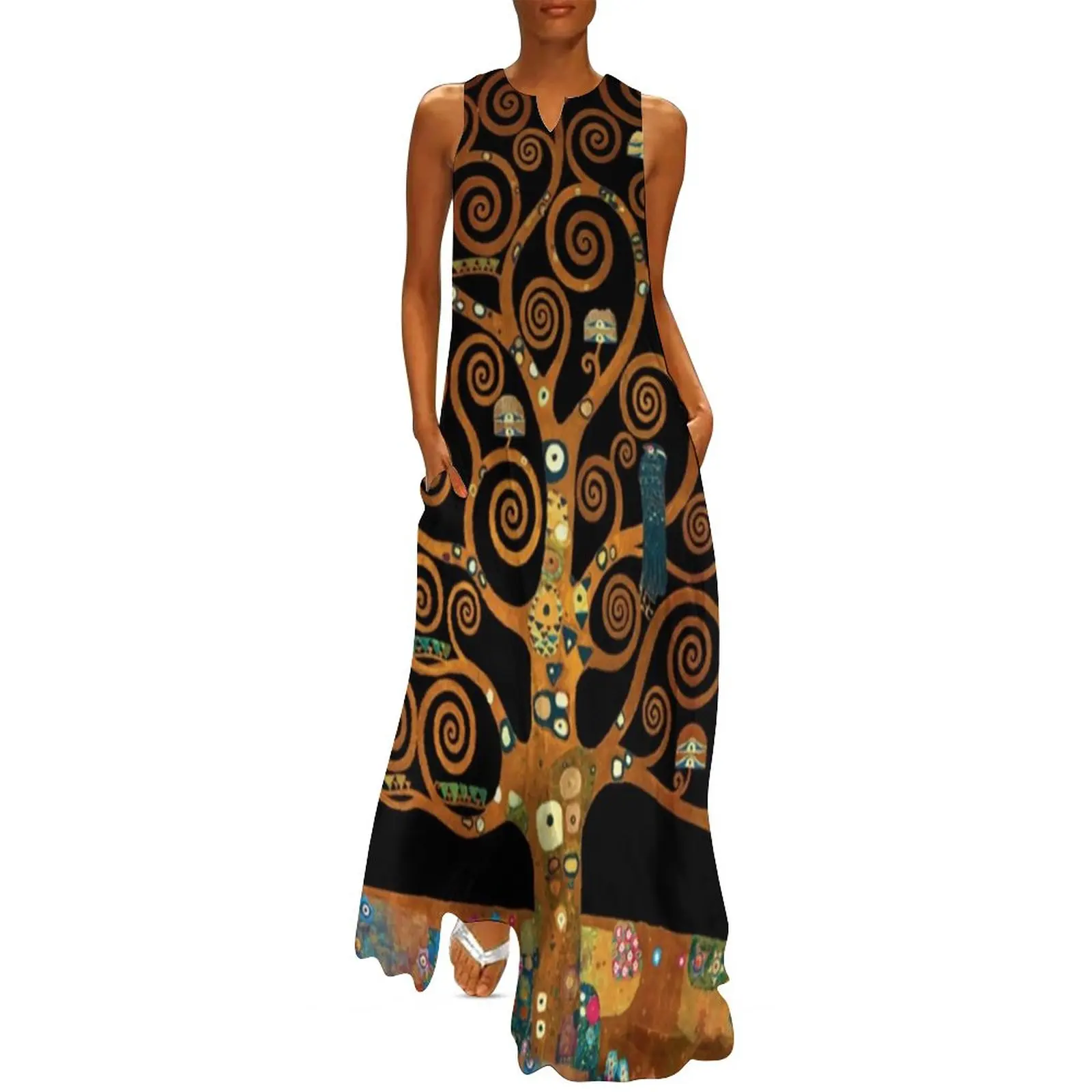 Gustav Klimt Print Dress The Tree Of Life Vintage Maxi Dress Street Fashion Casual Long Dresses Spring V Neck Custom Vestidos