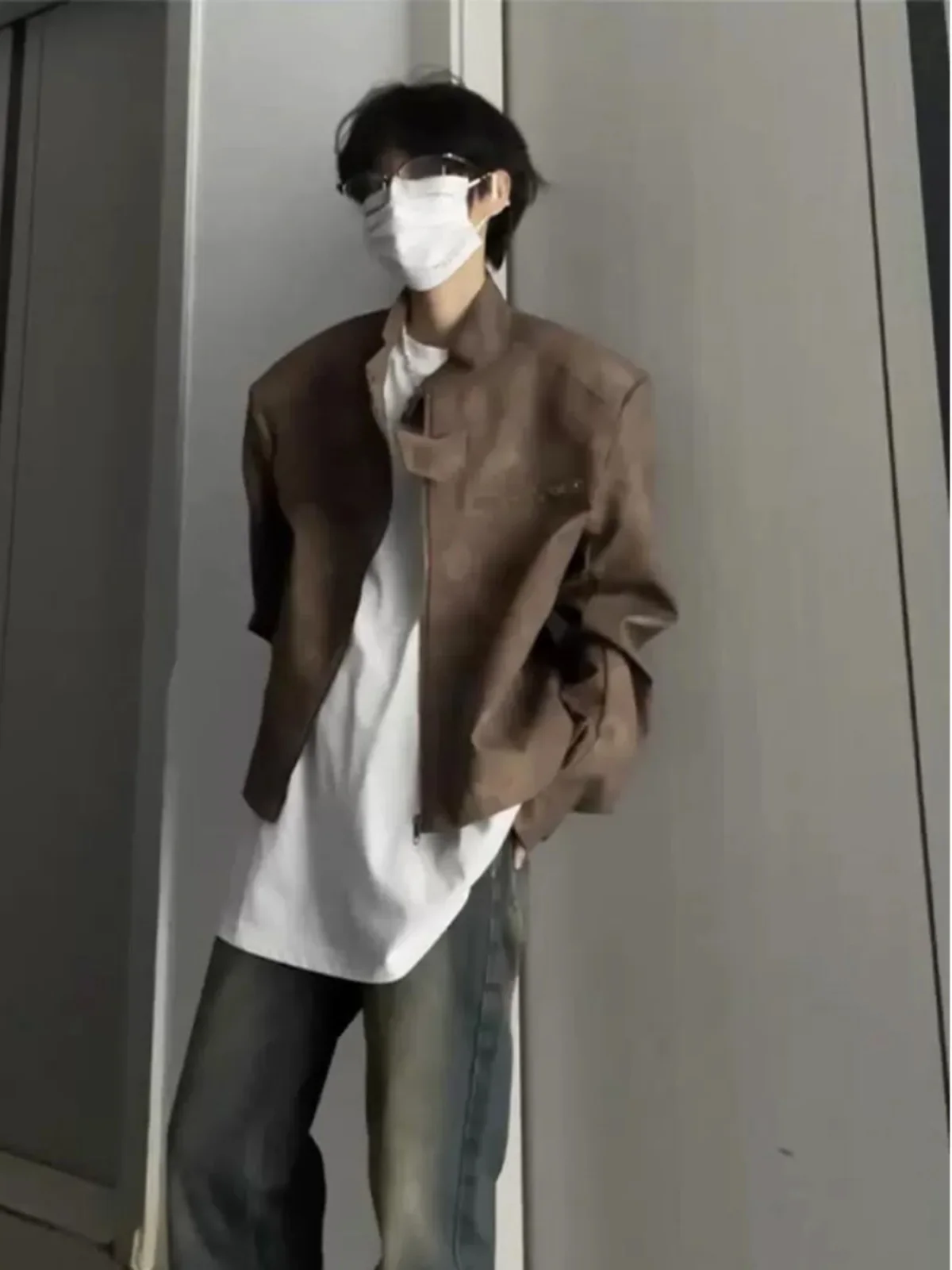 

Retro American Coffee Brown Motorcycle Jaet Men's ort Sle Padded oulder Design Sense Casual Outerwear Coat