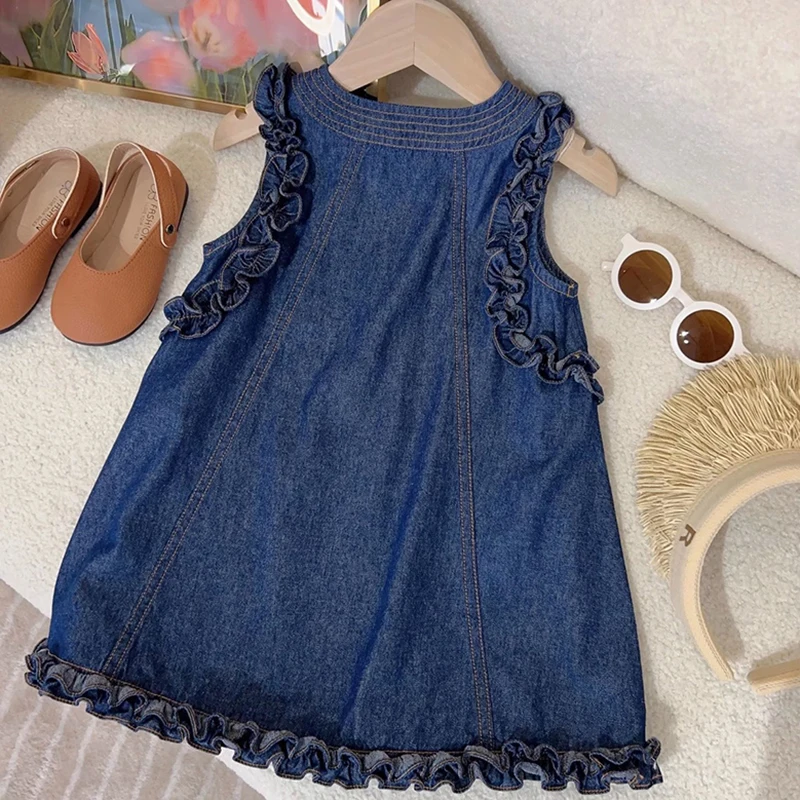 Summer Girl's Dress 2024 New Kid's Sweet Sleeveless Denim Dress Children Outfit