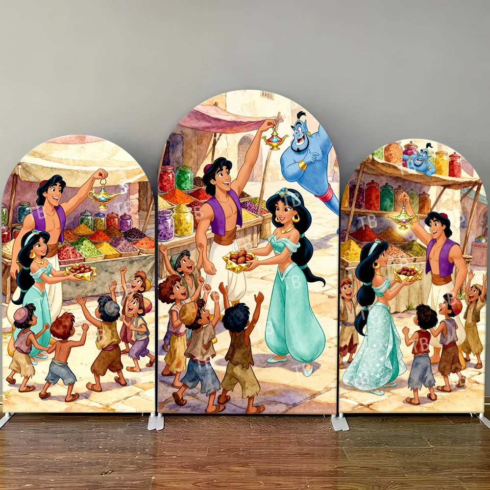 

Aladdin& Jasmine Arch Backdrop Cover Magic Lamp Market Kids Warm Photo Booth Props for Family Friendly Parties & Home Decoration