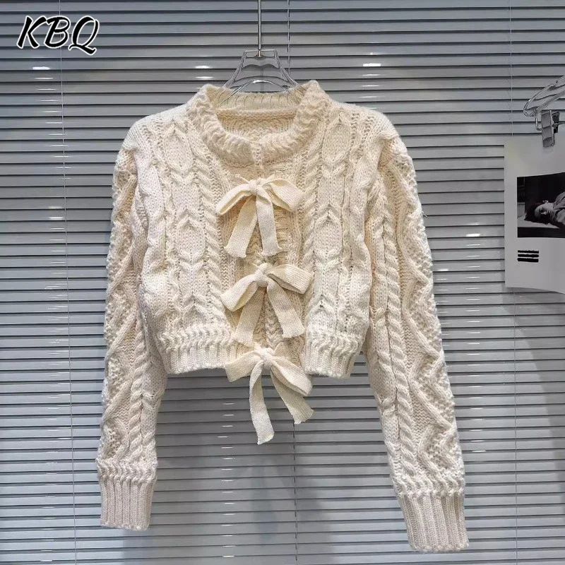 

KBQ Sweet Elegant Spliced Bowknot Knitting Pullover Sweater For Womne Round Neck Long Sleeve Solid Temperament Sweater Female