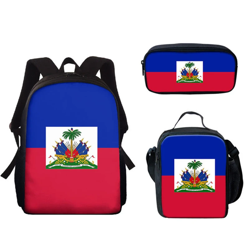 Klassieke Populaire Nieuwe Haïti Vlag 3D Print 3 stks/set Student Schooltassen Laptop Dagrugzak Rugzak Lunchtas Etui