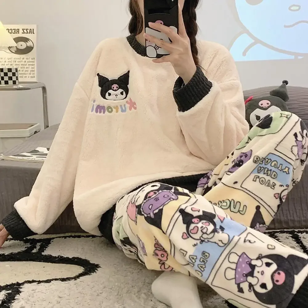 New Sanrio Kuromi Women Plush Pajamas Suit Hello Kitty Anime Kawaii Winter Coral Fleece 2Pcs Loungewear Girls Cute Warm Homewear