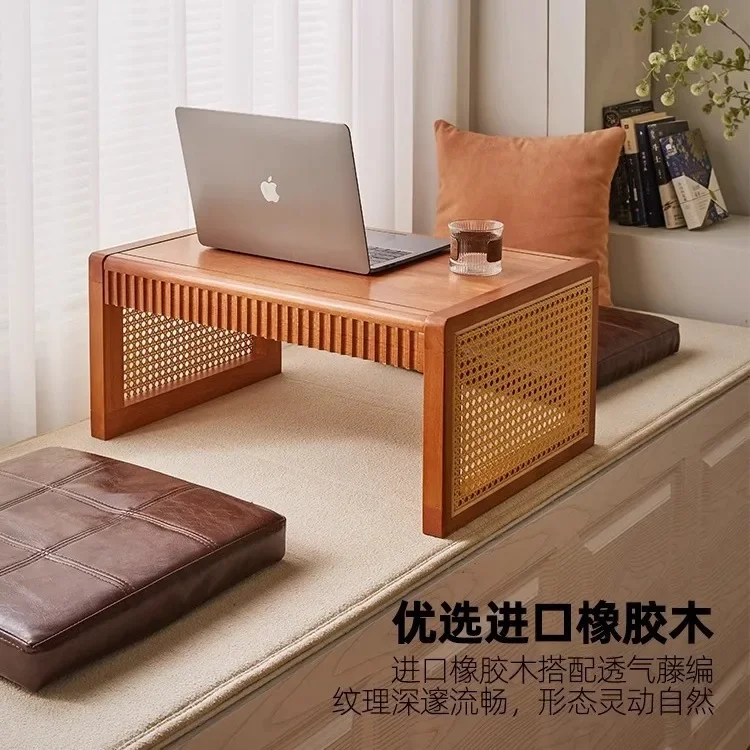 Solid wood rattan coffee table bay window balcony small tea table square kang few study