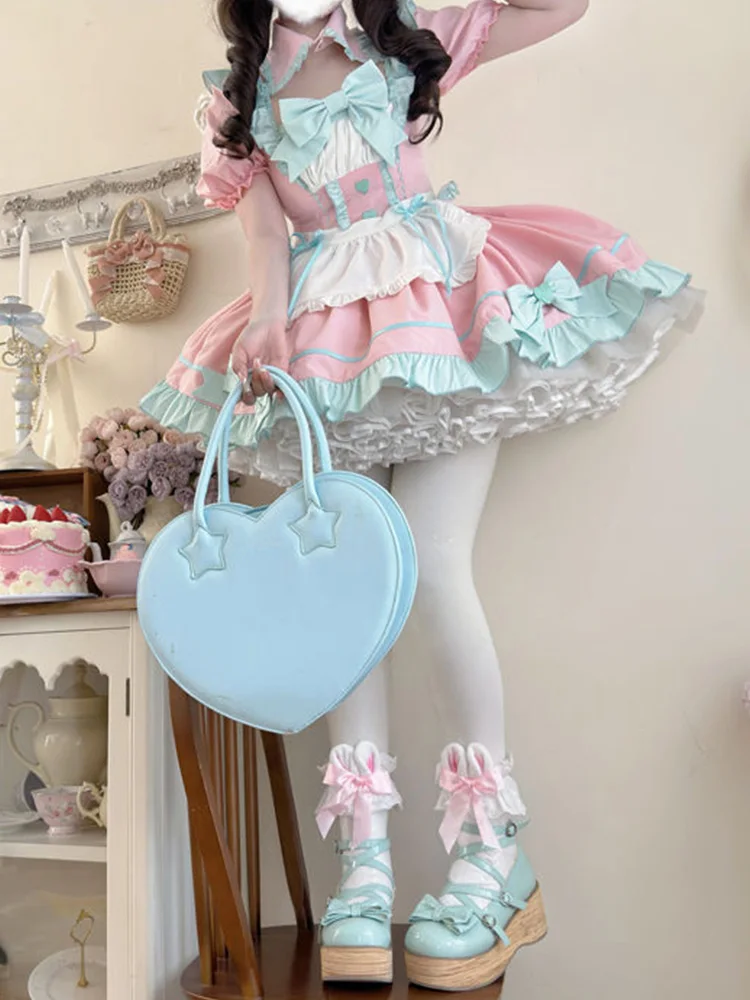 KIMOKOKM Kawaii Lolita A-Line Dress Sweetheart Square Collar Puff Sleeve Cosplay Princess Vitality Girly Loli Mini Dress