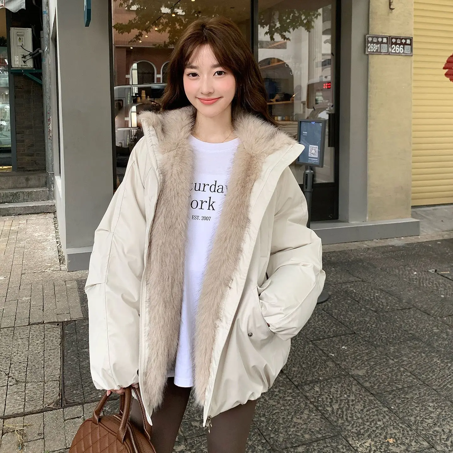 American Retro Style Long Sleeve Short Hooded Parkas Women Pure Color Vintage Coat Zipper Faux Fur Collar Jacket 2025 Winter