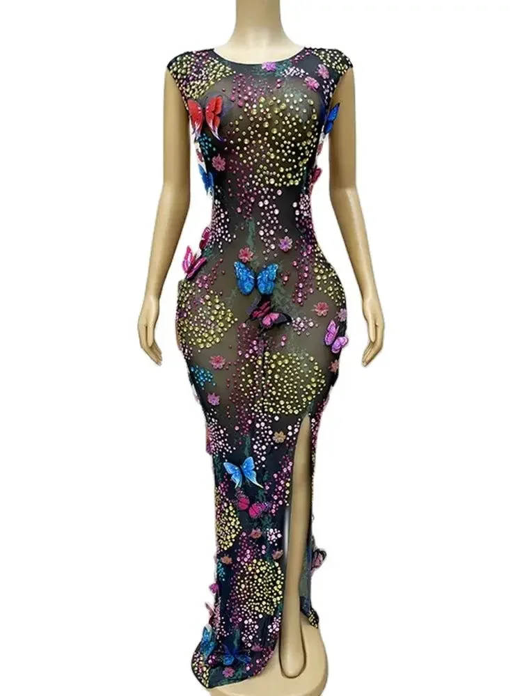 Strój damski na koncert i pokaz Rhinestone Elastyczna sukienka z rozcięciem w kształcie motyla Odzież damska luksusowa sukienka urodzinowa
