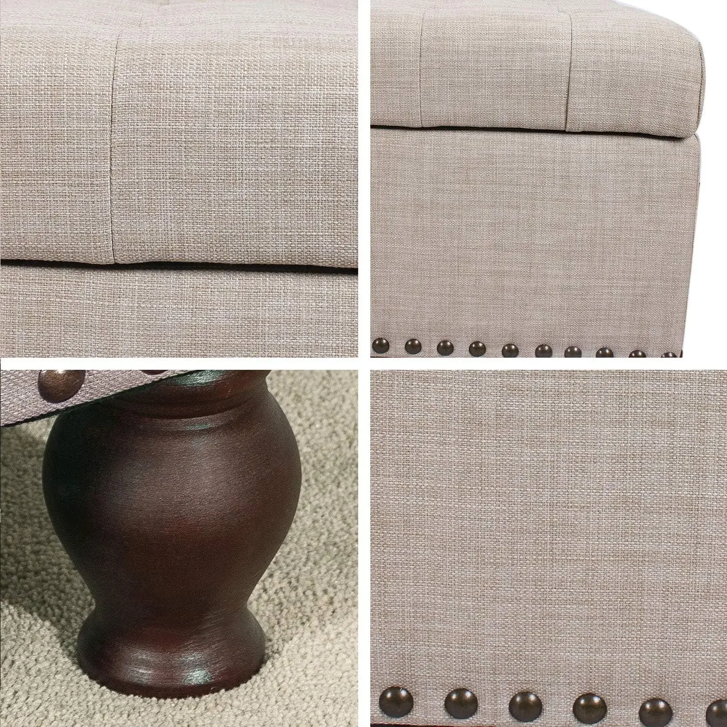 Tecido De Linho Retângulo Tufted Lift Top Armazenamento Otomano, Footstool com pernas de madeira maciça, Banco estofado