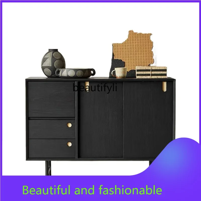 

Nordic Solid Wood Sideboard Black Integrated Tea Cabinet French Retro Entrance Cabinet Living Room Home Storage Locker
