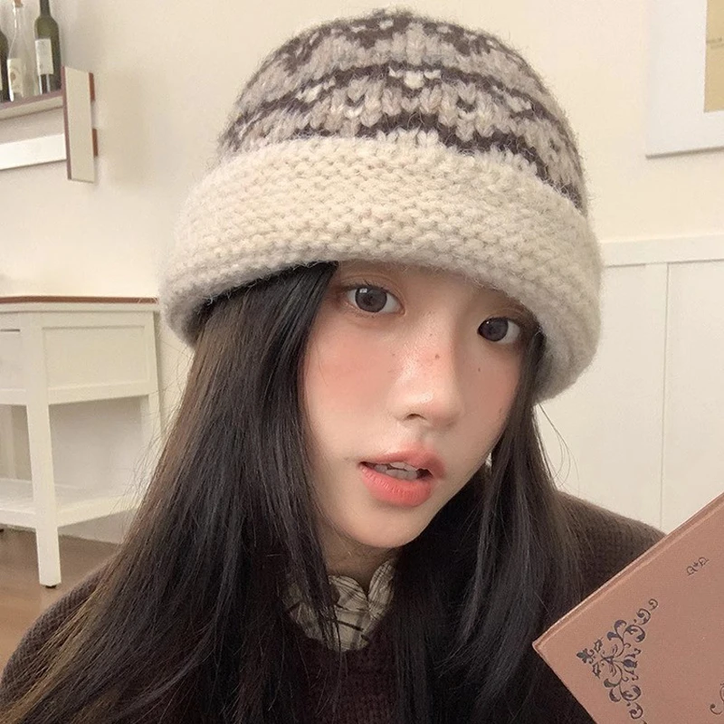 قبعات السيدات الكورية جزيرة فيل نمط الرجعية لفتاة قبعات منسوجة متعددة الاستخدامات دافئة مريحة الشتاء سميكة قبعات حماية الأذن #1