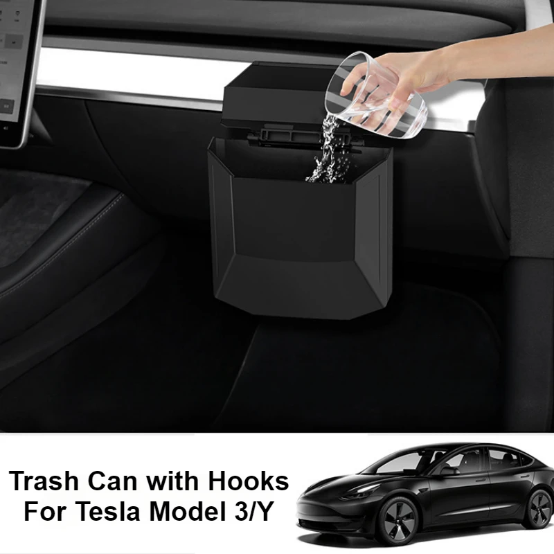 

For Tesla Model 3/Y/3+ Car Trash Can with Lid Hanging Storage Box Seat Back Glove Storage Box Interior Accessories with Hooks