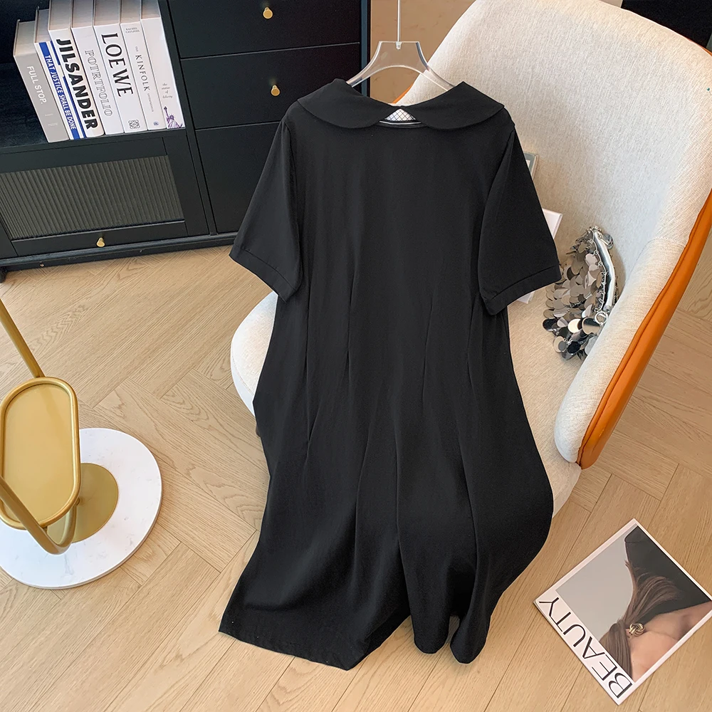 Plus-size women's Summer Casual Commute Loose comfortable dress Black letter-printed doll collar lace-up short-sleeved  dress