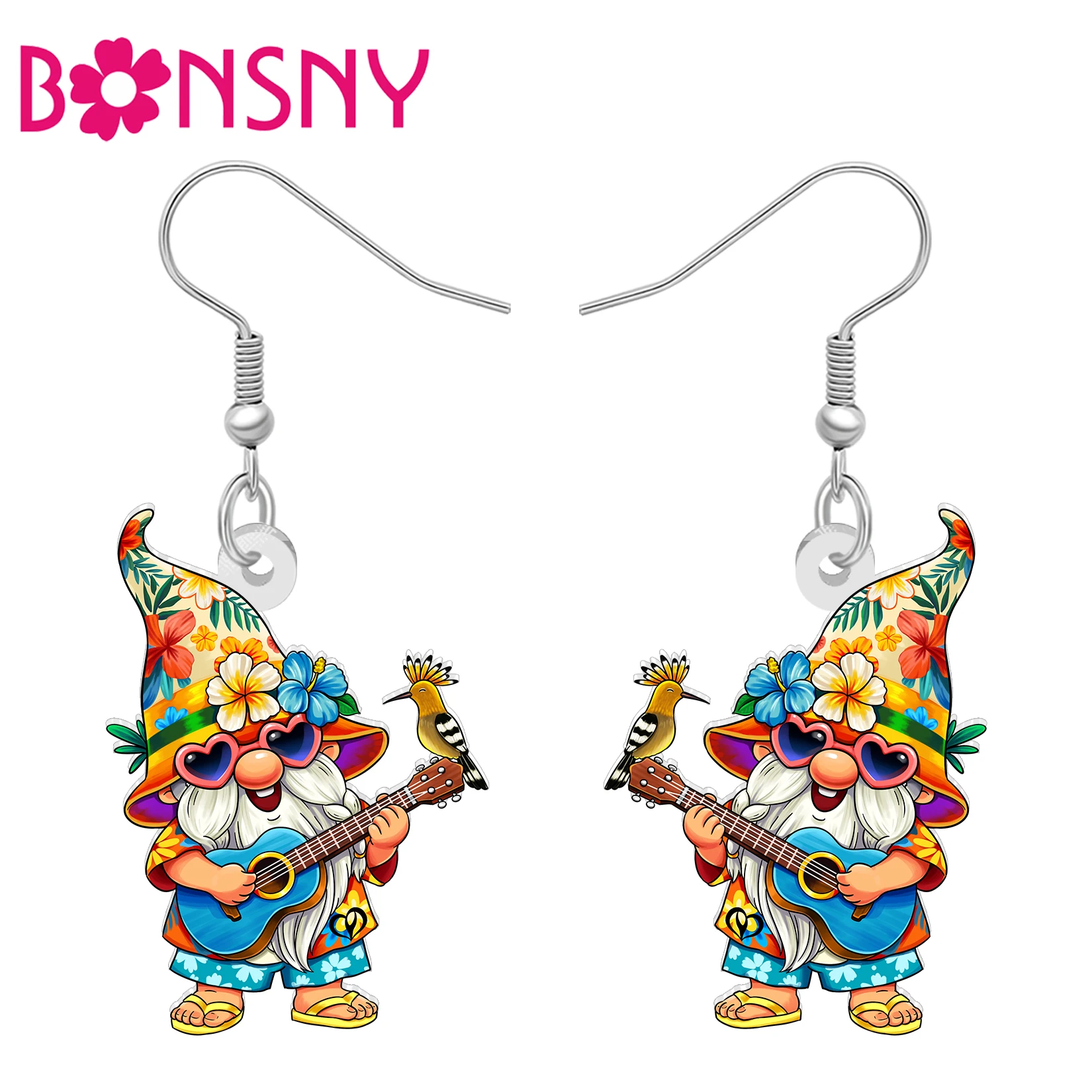 BONSNY Acrylic Hawaii Gnome Dangle Earrings Funny Dwarf Ukulele Charms Tropical Summer Holiday Jewelry For Women Girls Mom Gifts