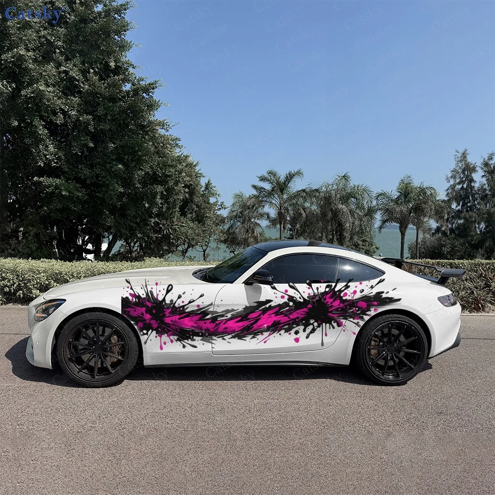 2Pcs Bold Black and Pink Splatter Art Design Car Side Stickers, Automotive Door Side Graphics for Cars, Car Decoration Accessory