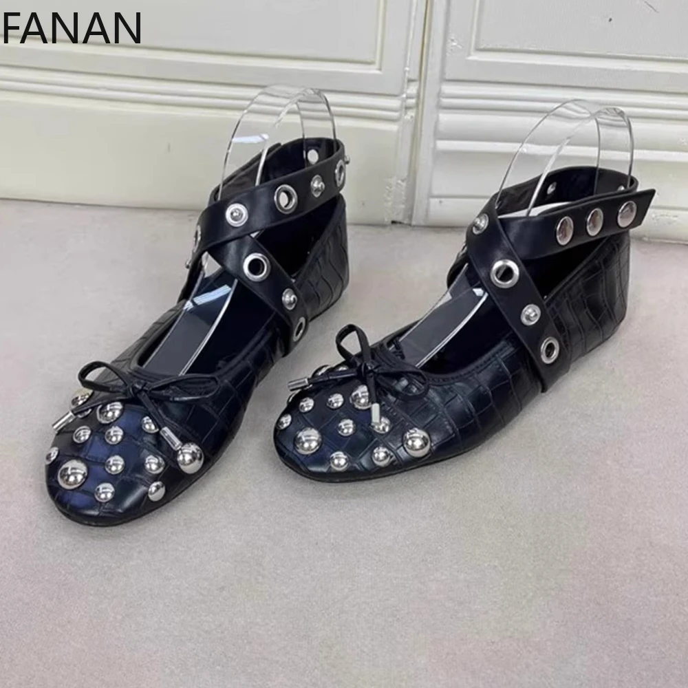 

Round Head Flats Rivets Cross-buckle Straps Mary Jane Shoes Women's 2025 New Bow Ballet Low Heels Black Platform Pumps