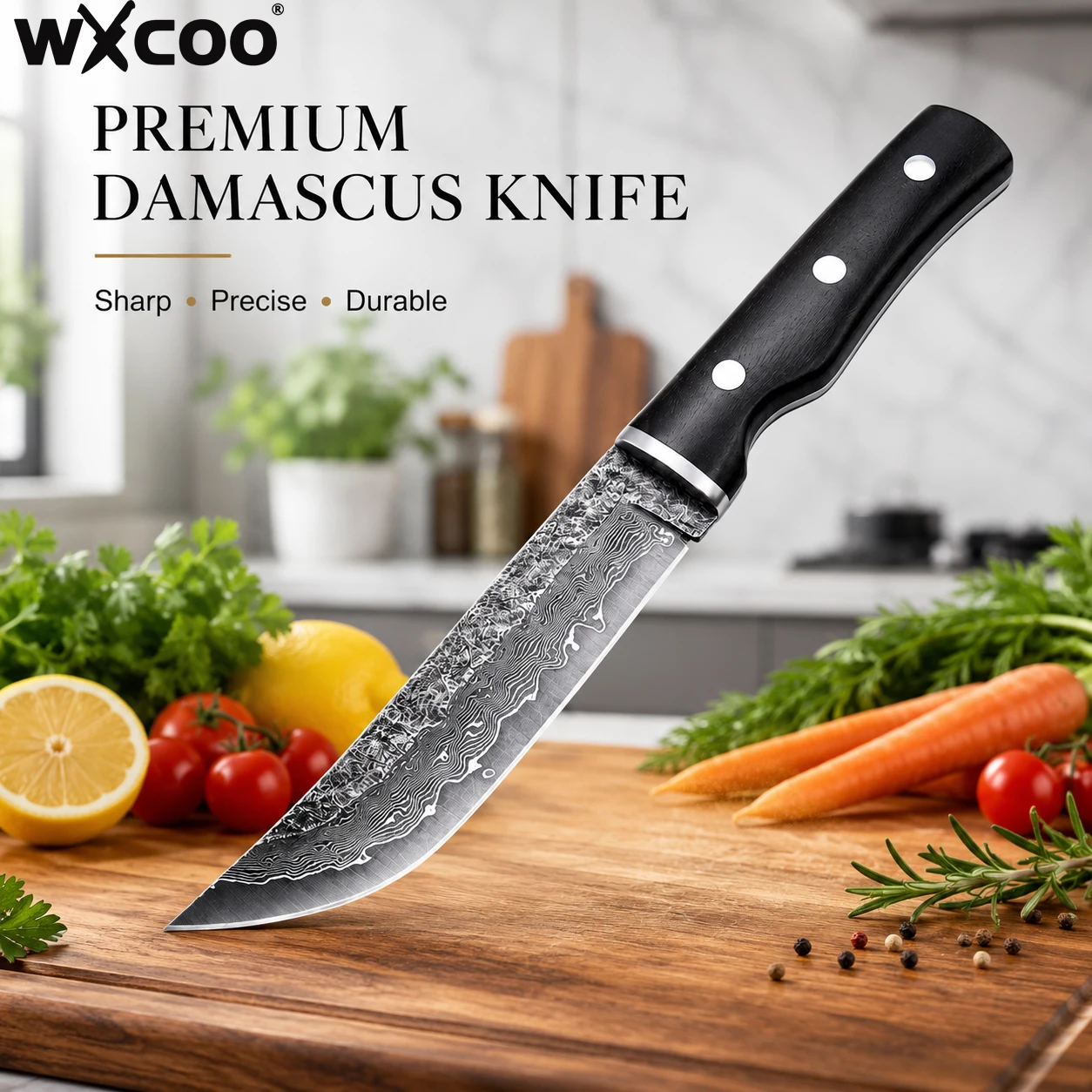 WXCOO Damascus Steel Kitchen Knife Premium Full Tang Forged Boning Knife Meat Cutting Fruit Slicing for BBQ Family Activities