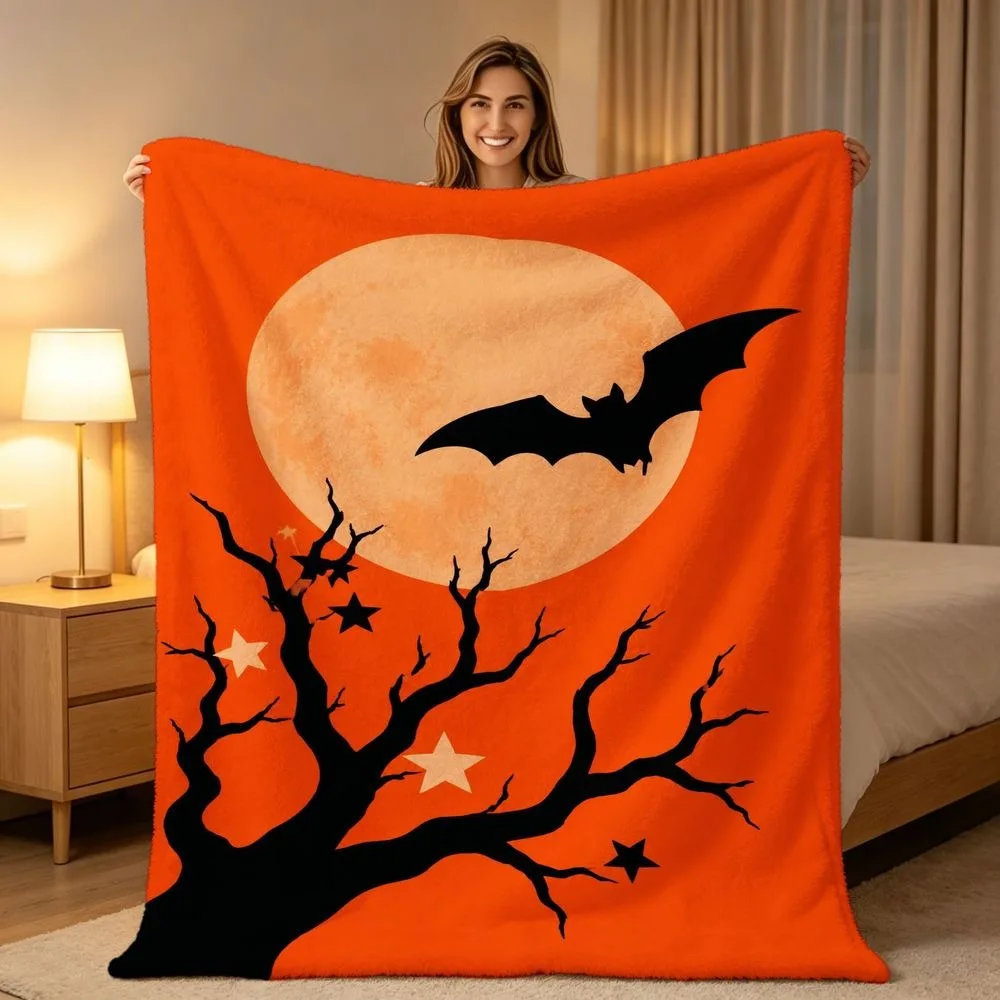 Halloween Night Throw Blanket, Creepy Castle Bat Orange Moon Holiday Print, Soft Warm All Season Blanket for Sofa Couch Bedroom