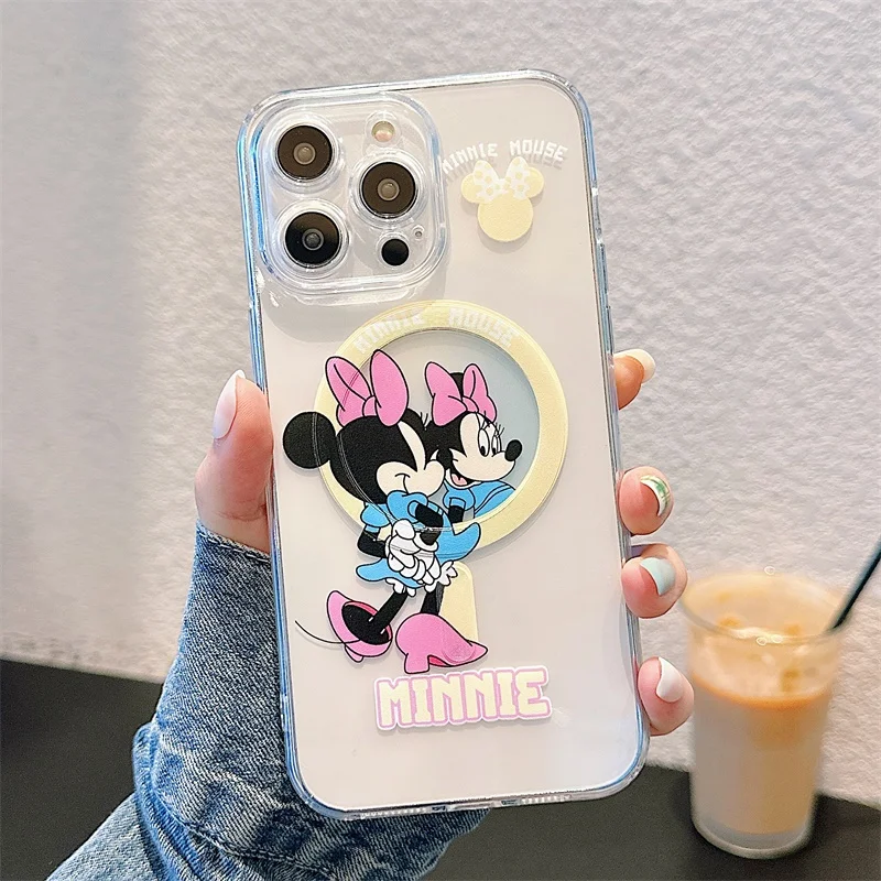 Disney Clear Mickey Minnie Mouse etui na iPhone 14 13 12 11 15 Pro Max do magnetycznej bezprzewodowej animacji ładowania