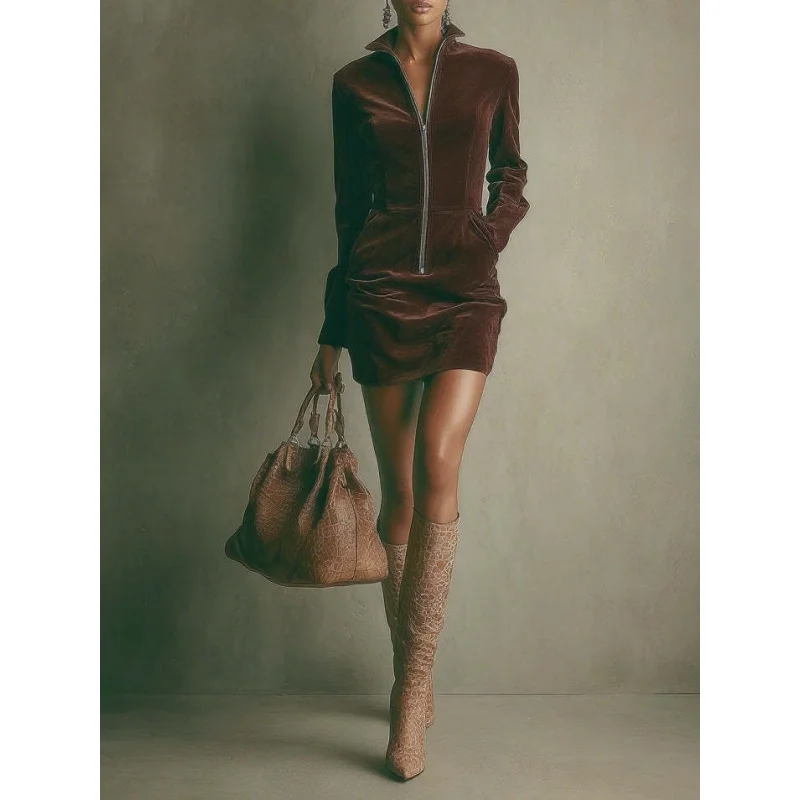 الخريف أوروبا وأمريكا جديد الجلد المدبوغ سستة جيب كم طويل الوقوف الياقة اللباس #6