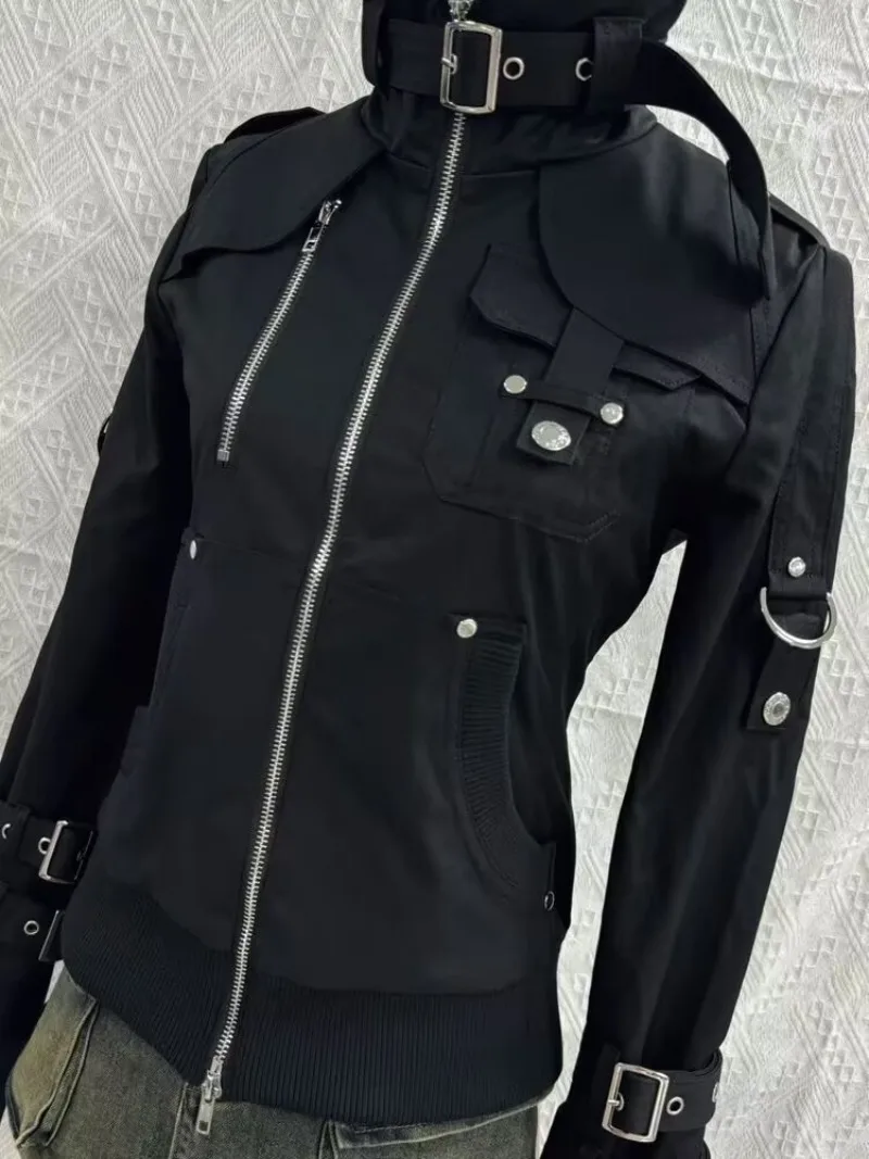 Retro-Gothic-Stil-Jacken für Damen, japanisches cooles Schwarz, Stehkragen, Motorradjacken, 2025, Herbst, neue Harajuku-Kleidung