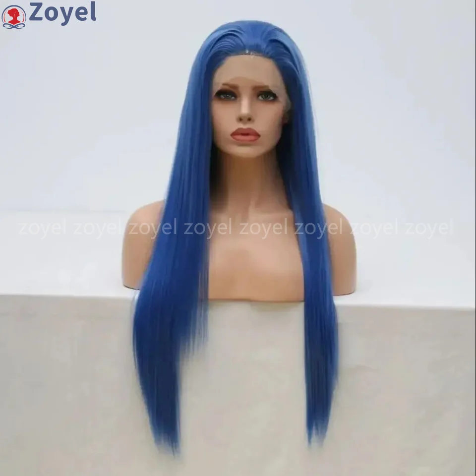

Синий синтетический парик, натуральный длинный прямой парик с кружевной передней частью для женщин, предварительно выщипанный, без клея, длинные прямые волосы, для повседневной носки, косплея