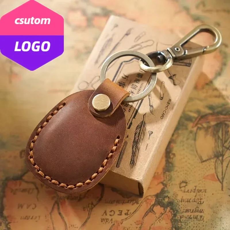 Personalize Vintage Genuine Cowhide Leather Keychain Case for Airtag Custom LOGO Door Card Cover Keyring Laser Dermis Key Chain