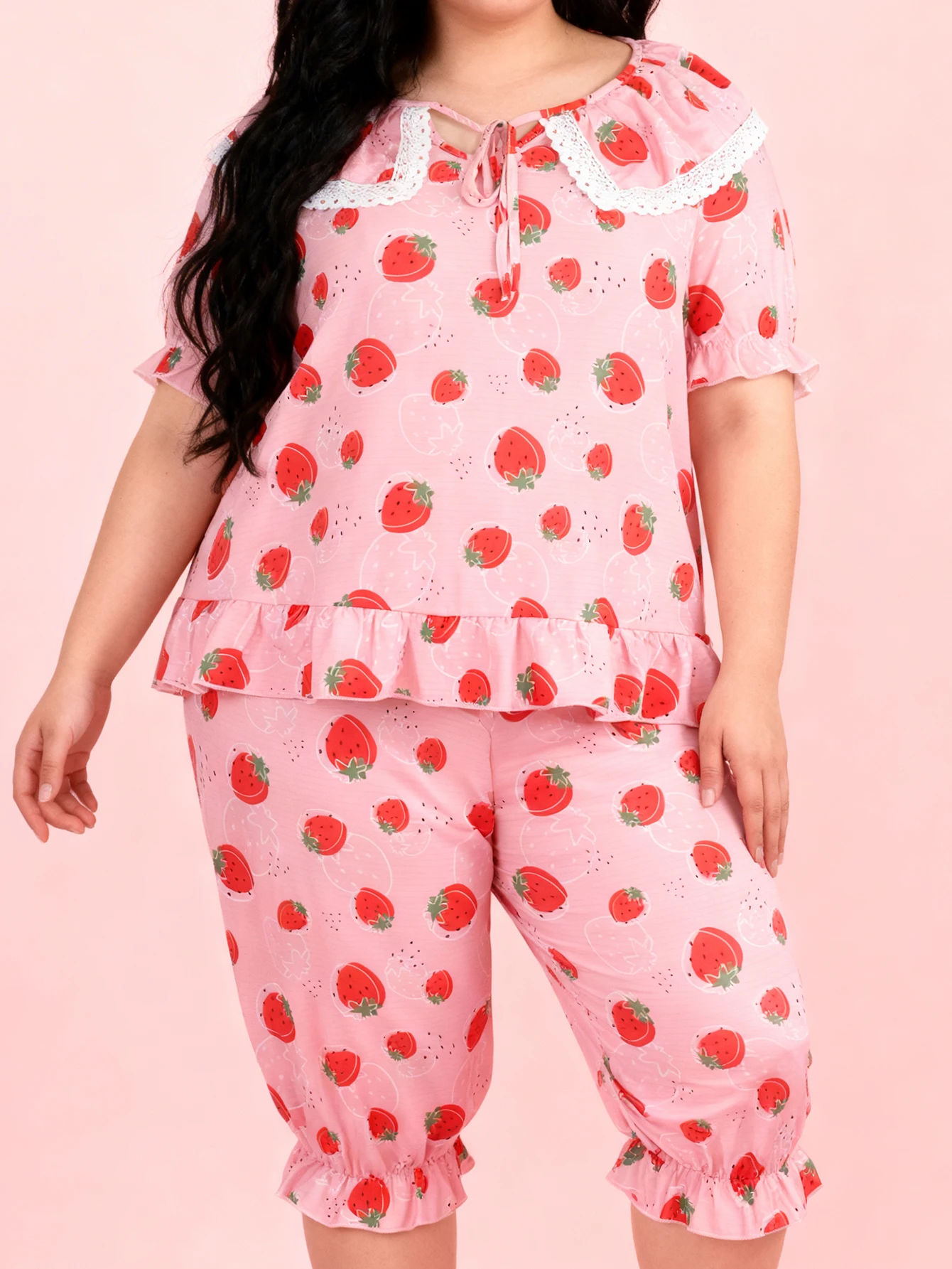 

Women's Plus Size Loungewear Set Cute Strawberry Pattern Doll Collar Short Sleeve Top + Capri Pants Casual Sleepwear