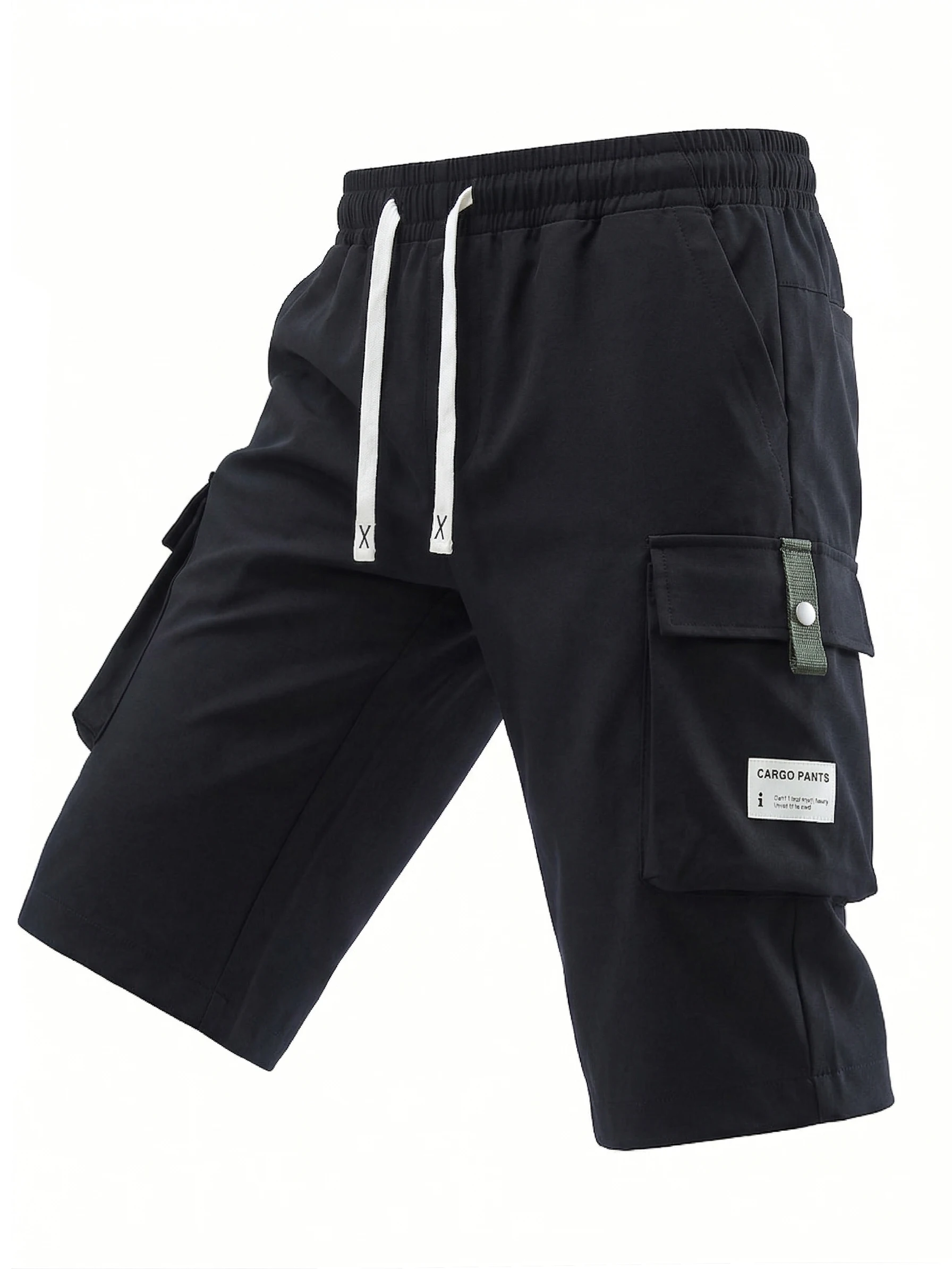 Black Men's Cargo Shorts Loose Elastic Drawstring Waist Multi Utility Pockets Casual Street Summer Work Short Pants