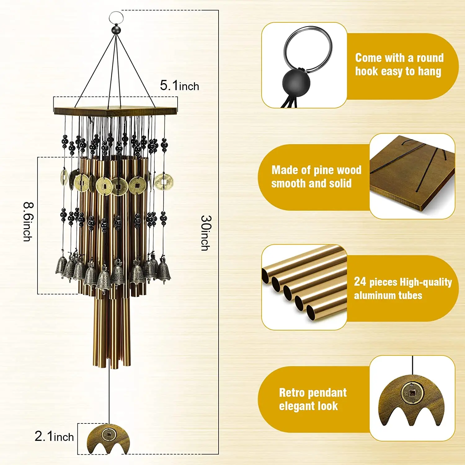 Wind Chimes for Outside Copper Tubes Garden Patio Window Small Bell Metal Wind Chime Hanging Decoration Bronze Memorial Gifts