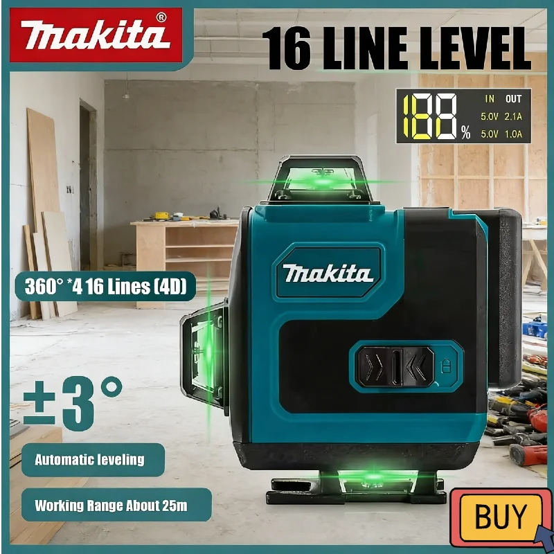 

Высокоточный 16-линейный лазер Makita с зеленым лучом 360° ° Горизонтальные и вертикальные высокоточные настенные портативные инструменты