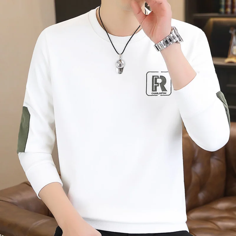 Men\'s Clothing Oversized Versatile Autumn and Winter New Letter Round Neck Long Sleeved Solid Color Casual Commuting Pullover