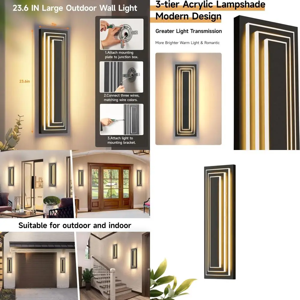 

Modern 3-Tier Outdoor Wall Sconce, 23.6 Long, Matte Black, Waterproof LED Light Fixture, 36W 3000K Warm White for Garage and Pat