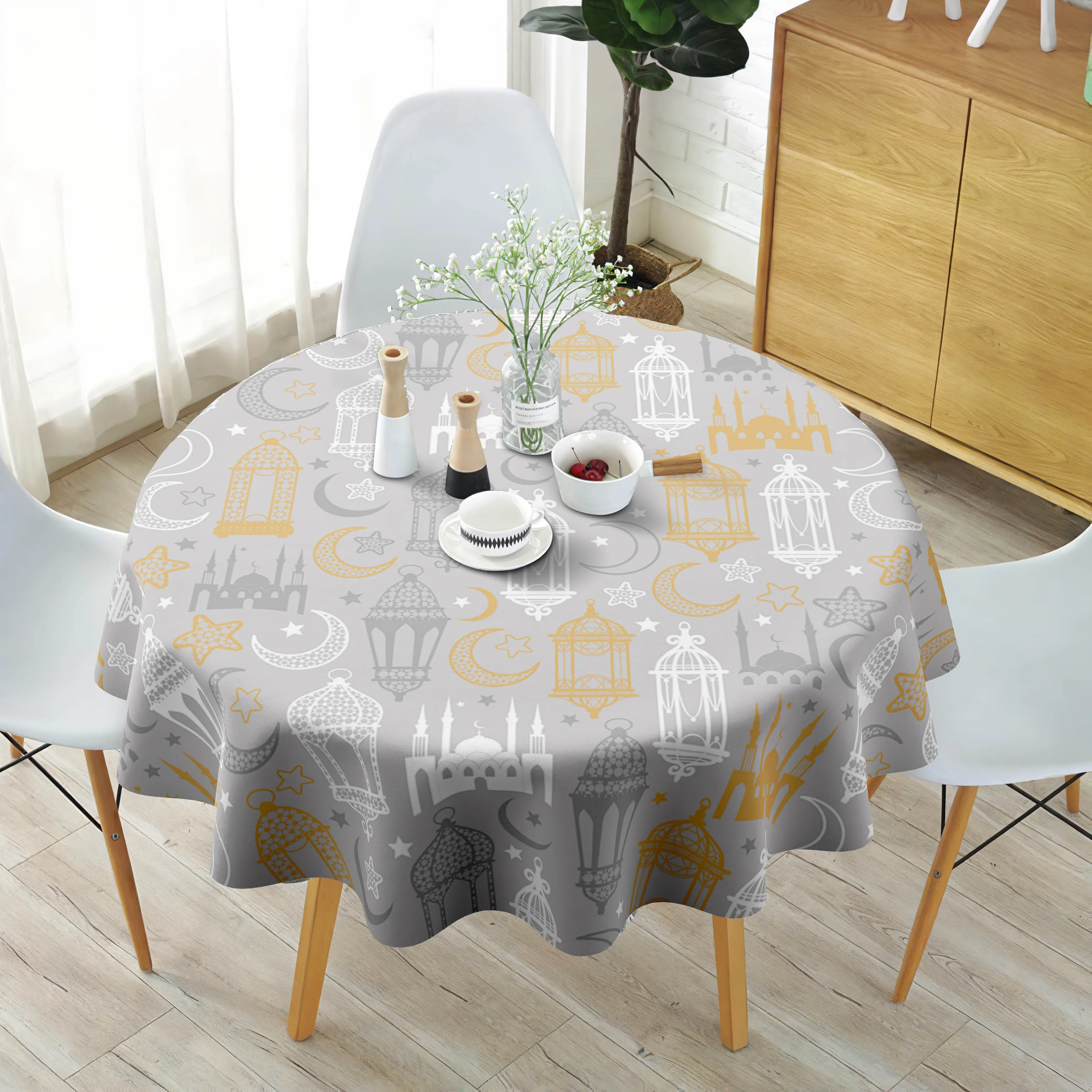 One round polyester tablecloth, elegant Ramadan joy tablecloth -