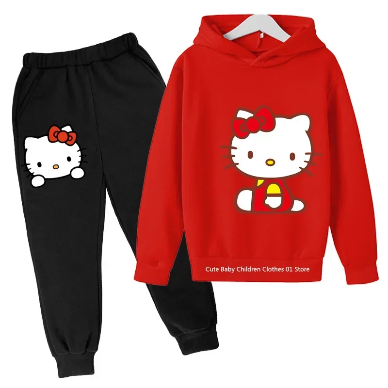 2024Hello Kitty Kids Teen cartoon Cute girls Student Street Outdoor Boys pullover hoodie set Casual sports ages 4-14