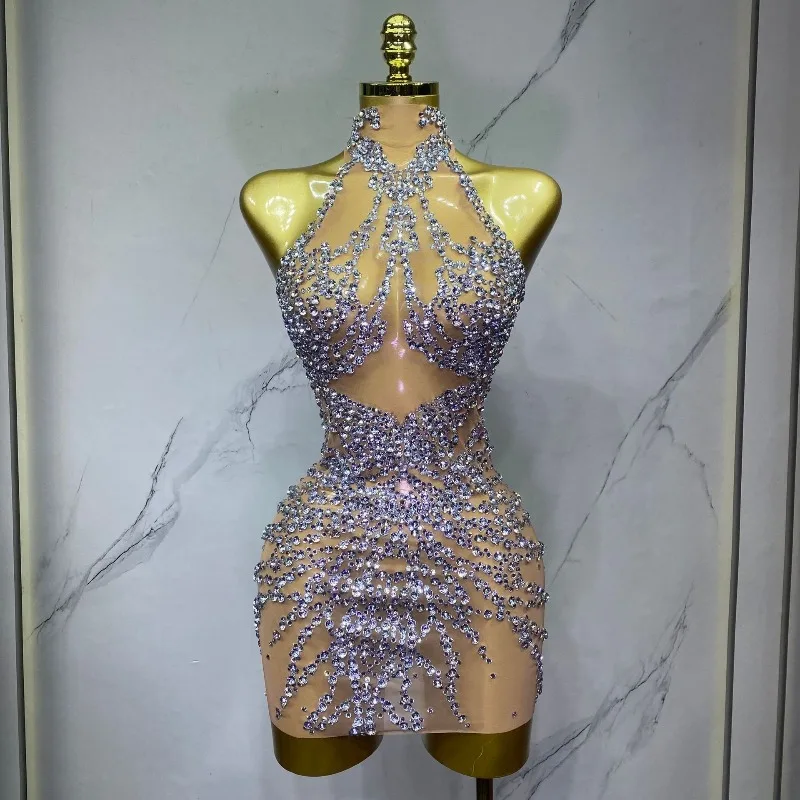 

Women Sparkling Rhinestone Mesh Mini Dress Shiny Crystal Outfit Birthday Party Celebration Stage Costume performance accessories
